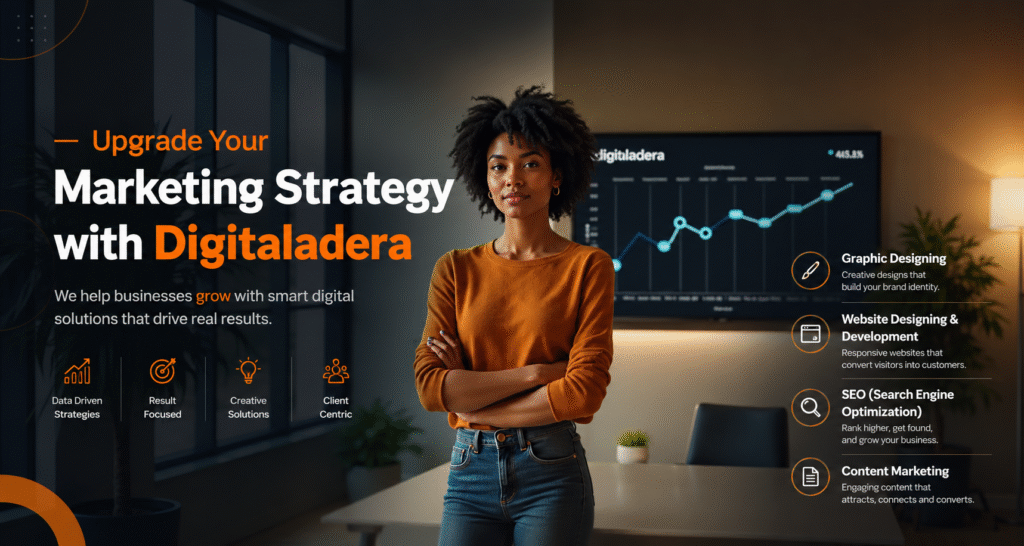 Digital Marketing Agency banner for SEO services, website designing and development, graphic designing, and content marketing by Digitaladera